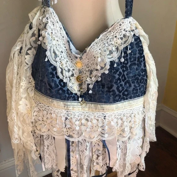 Bohemian Blue Animal Print Cross body Bag w/white lace,ribbon & blue aventurine